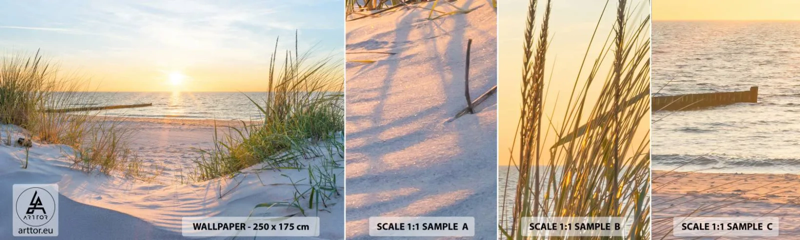 Photo Wallpaper Sample Self-Adhesive Deluxe Sticker - Sound of the Sea, Singing of the Birds, Wild Beach among Grass - Landscape, Sea, Dunes - 100x30 cm