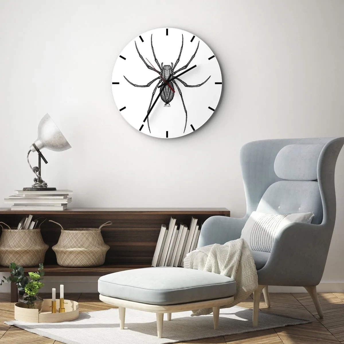 Wall clock - Clock on glass - Black and white illustration of a spider on a white background - 30x30cm - Disturbing Precision - Modern wall decoration for the living room, kitchen, and bedroom ARTTOR