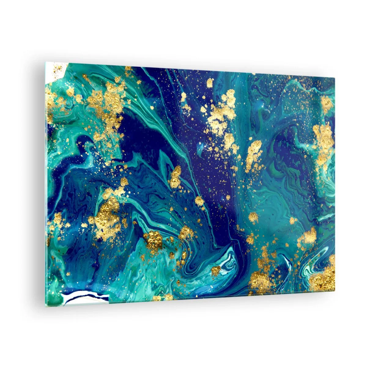 Glass picture - An abstract pattern in shades of turquoise and navy blue with gold accents - 70x50cm - Sun Flakes - Modern wall decoration for the living room and bedroom ARTTOR
