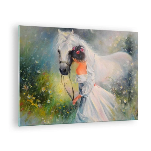 Glass picture - A woman in a white dress with a white horse in a meadow full of flowers. - 70x50cm - Like from a Beautiful Dream - Modern wall decoration for the living room and bedroom ARTTOR