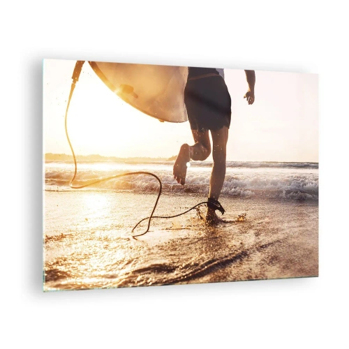 Glass picture - A surfer runs with his board along the beach at sunset. - 70x50cm - Encounter with a Wave - Modern wall decoration for the living room and bedroom ARTTOR