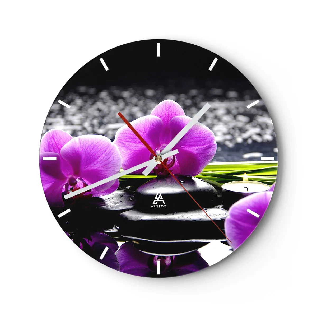 Wall clock - Clock on glass - Purple orchids with stones and a candle on the water - 30x30cm - Drowning in Peace and Quiet - Modern wall decoration for the living room, kitchen, and bedroom ARTTOR