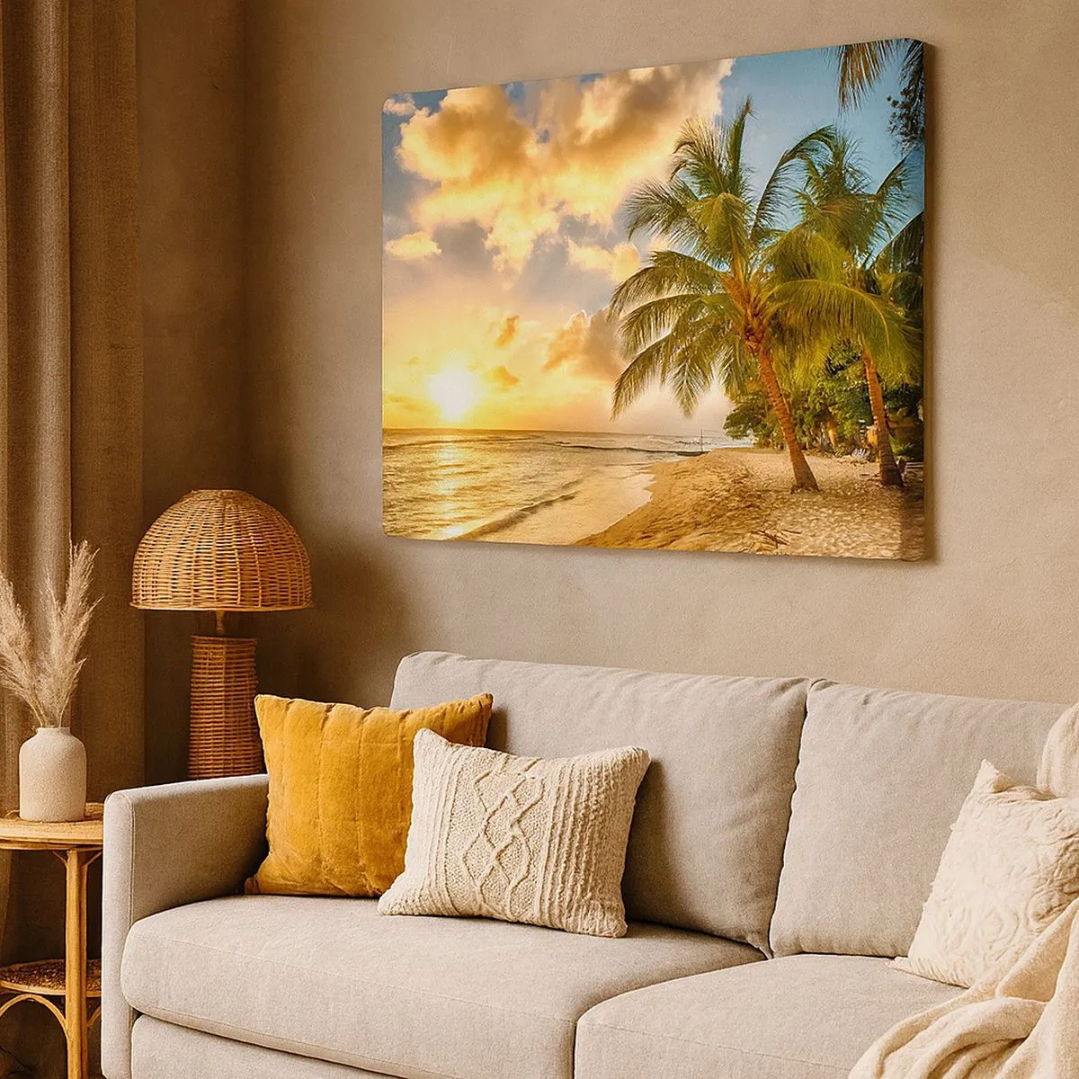 Canvas picture - Beach with palm trees and a sunset over the ocean - 70x50cm - Eternal Summer, Always Holidays - Modern wall decoration for the living room and bedroom ARTTOR