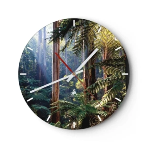 Wall clock - Clock on glass - Tropical rainforest with tall trees and ferns - 30x30cm - Tale of a Forest - Modern wall decoration for the living room, kitchen, and bedroom ARTTOR