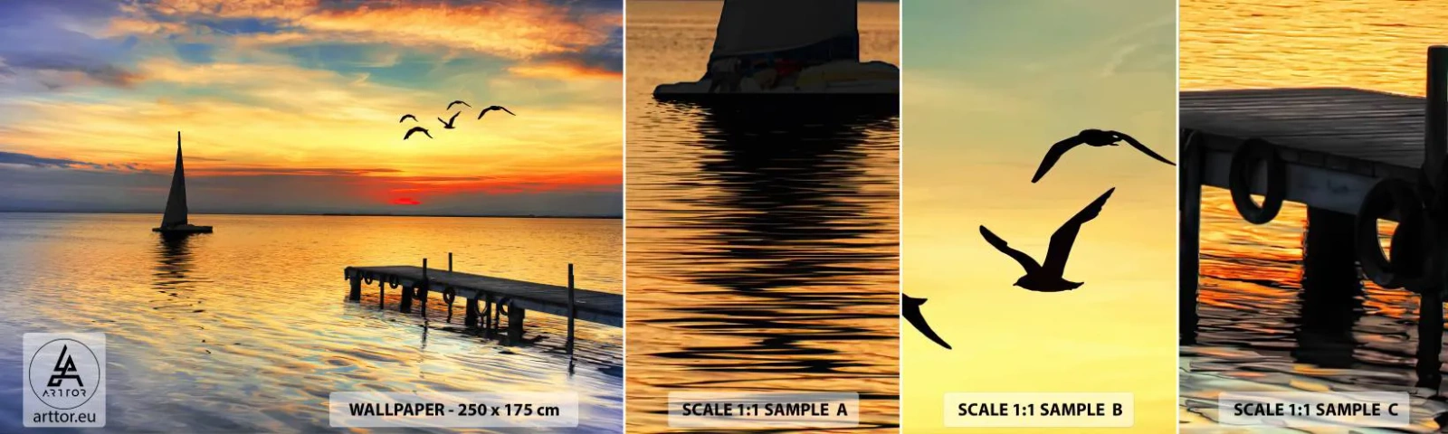 Photo Wallpaper Sample Self-Adhesive Deluxe Sticker - Evening Returns - Landscape, Sailboat, Sunset - 100x30 cm