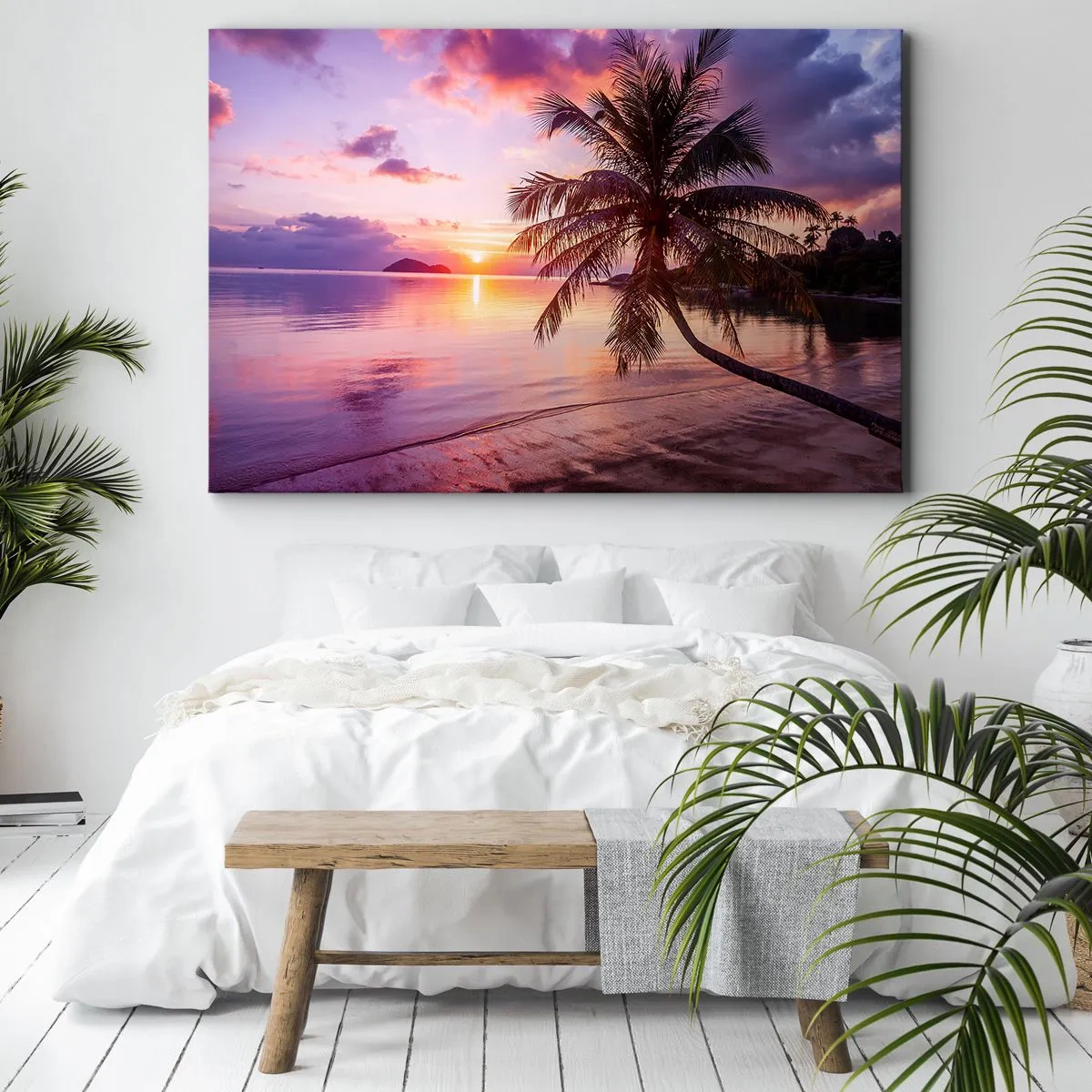 Canvas picture - Tropical beach with palm tree at sunset - 70x50cm - Bliss up to the Horizon - Modern wall decoration for the living room and bedroom ARTTOR