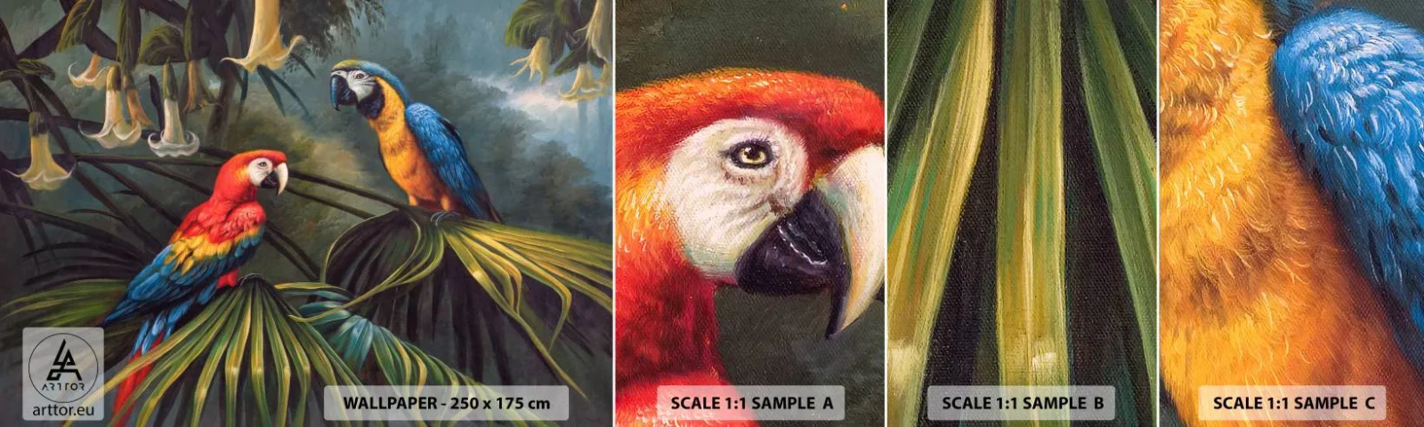 Photo Wallpaper Sample Standard Eco - Romanticism in Tropics - Ara parrot, Animals, Tropical forest - 100x30 cm