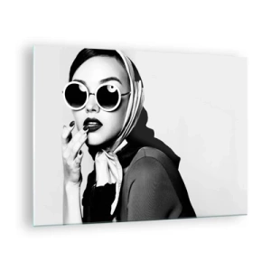 Glass picture - Stylish woman in glasses and a black and white scarf - 70x50cm - Greetings from the 60-ies - Modern wall decoration for the living room and bedroom ARTTOR