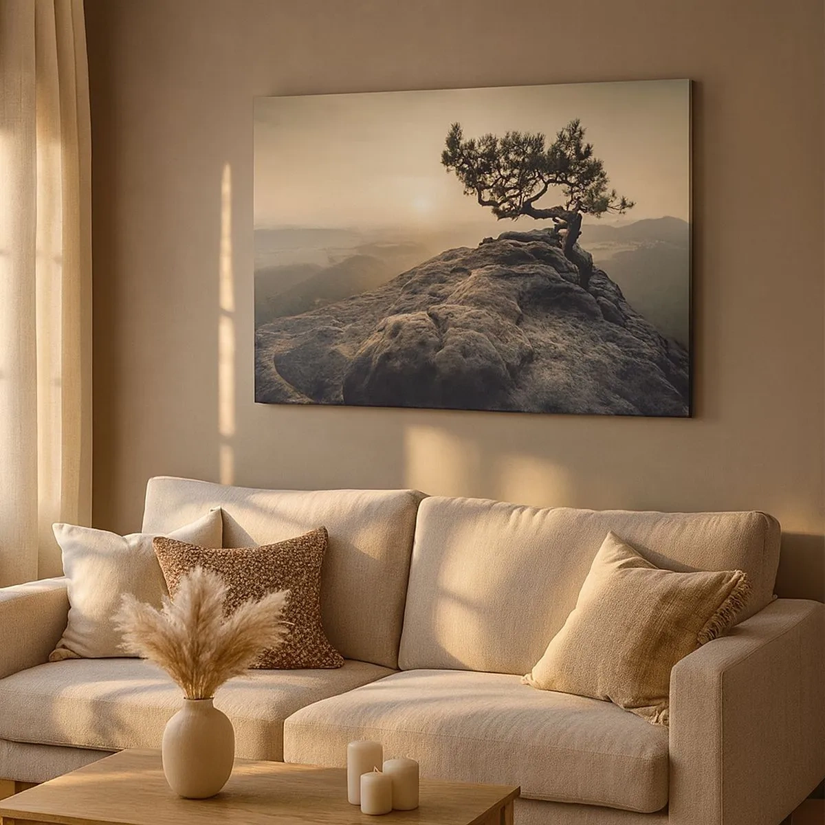 Canvas picture - A lonely tree on a rocky peak in the sunlight - 70x50cm - Life Always Wins - Modern wall decoration for the living room and bedroom ARTTOR