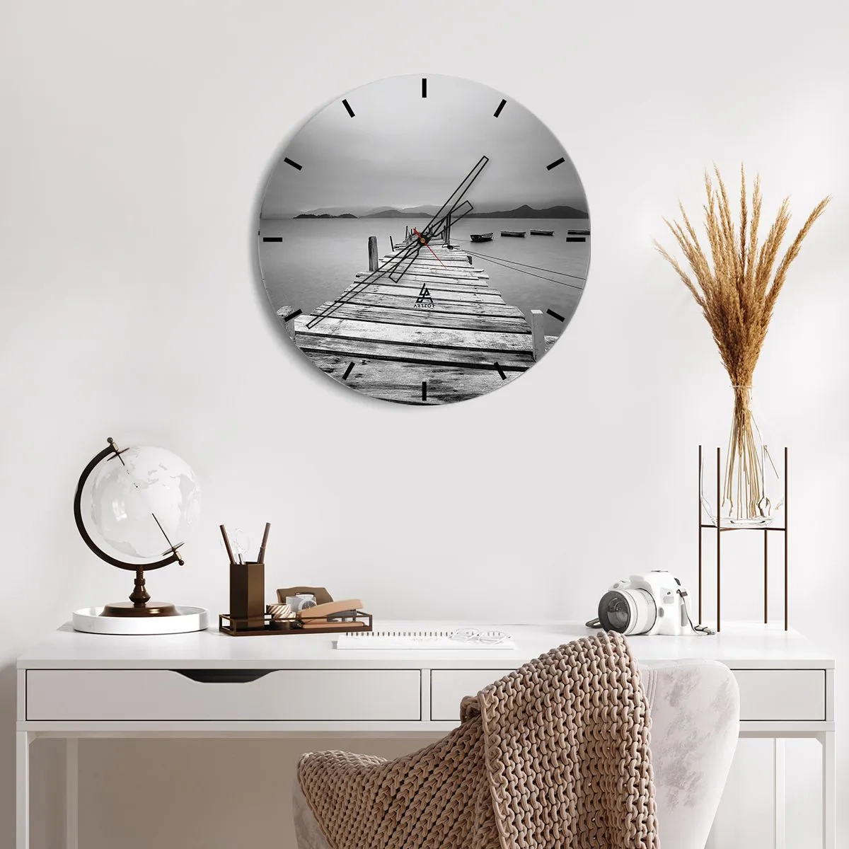 Wall clock - Clock on glass - A wooden jetty over a calm lake with mountains in the background - 30x30cm - In a Faraway Land - Modern wall decoration for the living room, kitchen, and bedroom ARTTOR
