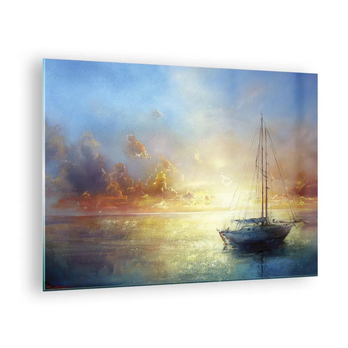 Glass picture - A sailboat on a calm sea at a golden sunset - 70x50cm - In a Golden Bay - Modern wall decoration for the living room and bedroom ARTTOR