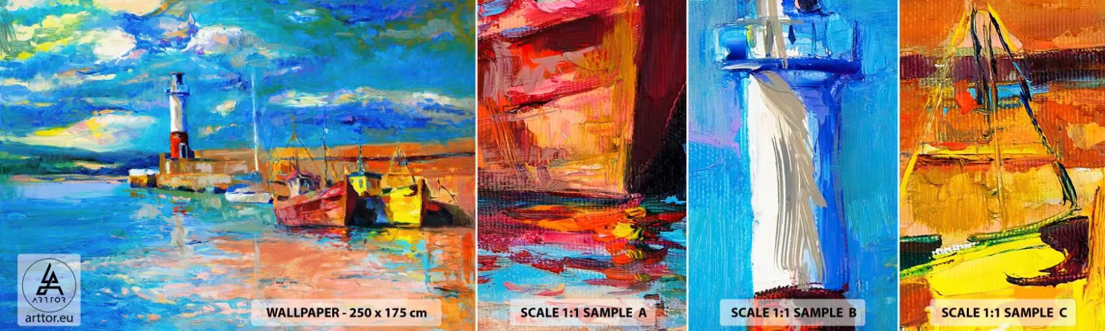 Photo Wallpaper Sample Self-Adhesive Deluxe Sticker - Afternoon in a Rainbow Bay - Fisherman's Port, Fishing boat, Lighthouse - 100x30 cm