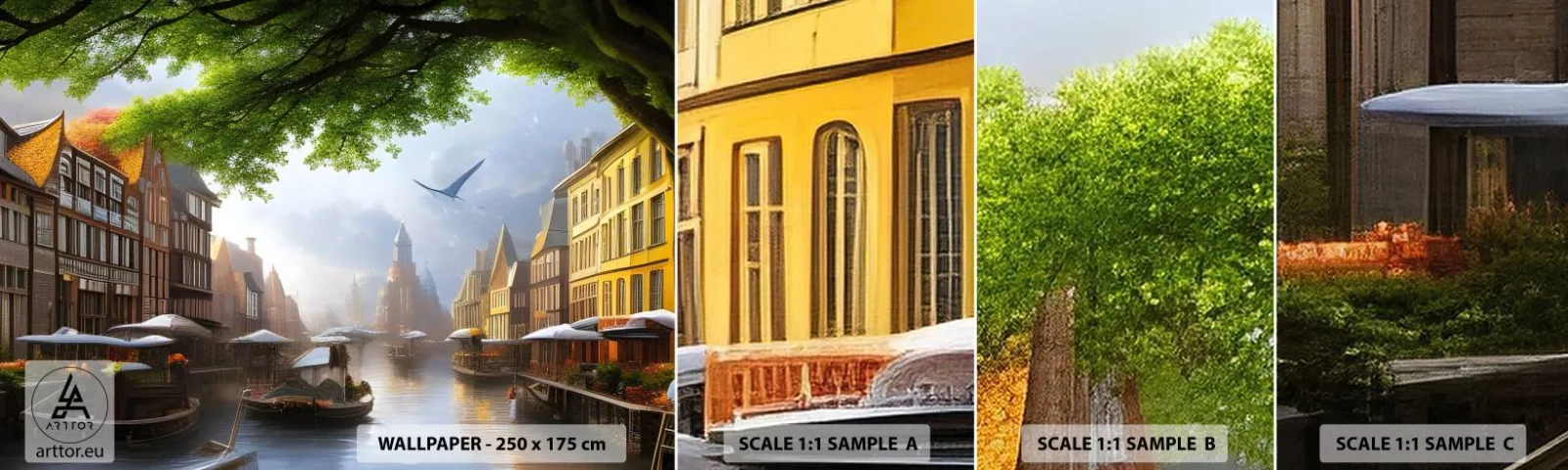 Photo Wallpaper Sample Self-Adhesive Deluxe Sticker - Dutch Urban Landscape - Old Town, Boats, Canal - 100x30 cm