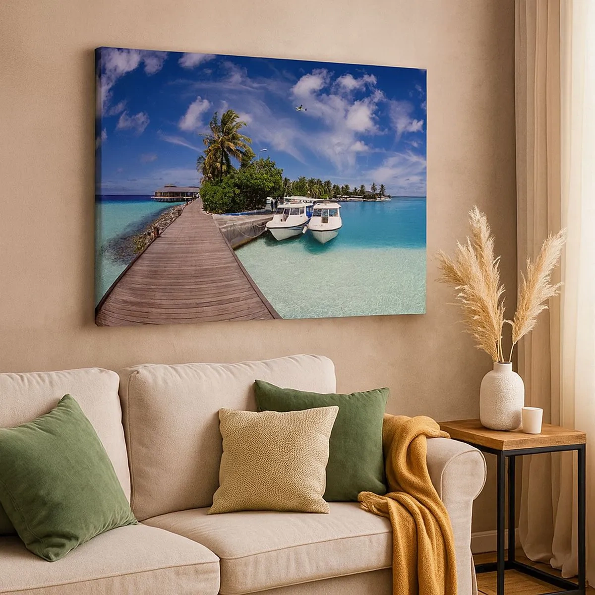 Canvas picture - A jetty over a turquoise sea with boats and palm trees - 70x50cm - So Paradise Exists - Modern wall decoration for the living room and bedroom ARTTOR