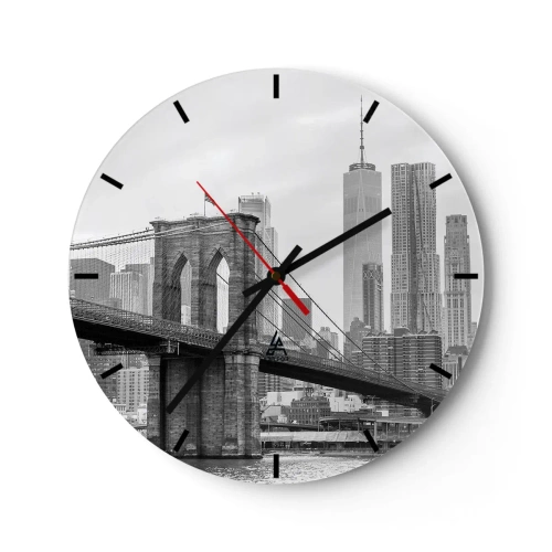 Wall clock - Clock on glass - Brooklyn Bridge against the city skyline in black and white - 30x30cm - New York Style  - Modern wall decoration for the living room, kitchen, and bedroom ARTTOR