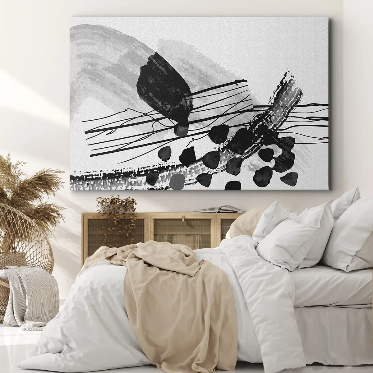 Canvas picture - Black and white abstract composition with organic shapes - 70x50cm - Black and White Organic Abstraction - Modern wall decoration for the living room and bedroom ARTTOR