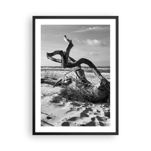 Poster in black frame - Black and white photograph of a dry tree on the beach - 50x70cm - Seaside Sculpture - Modern wall decoration for the living room and bedroom ARTTOR
