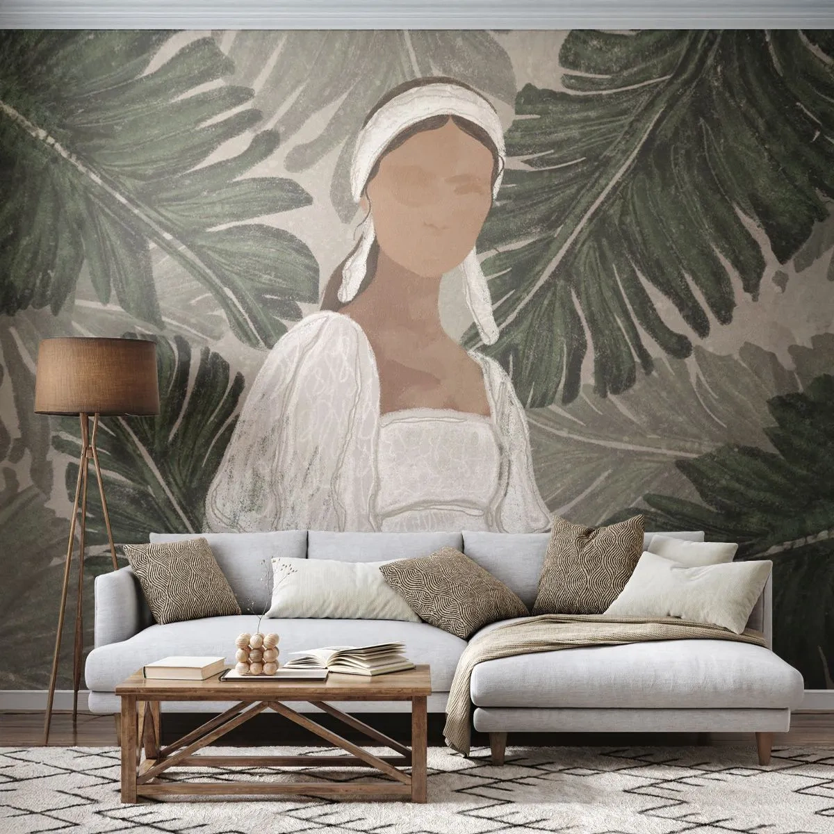 Photo Wallpaper Premium Sand - Exotic Portrait - Boho, Woman, Leaves - 200x140 cm