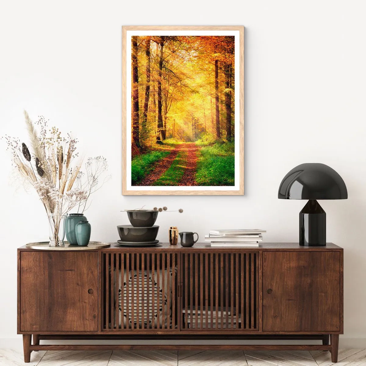 Poster in light oak frame - Forest Golden silence - 50x70 cm