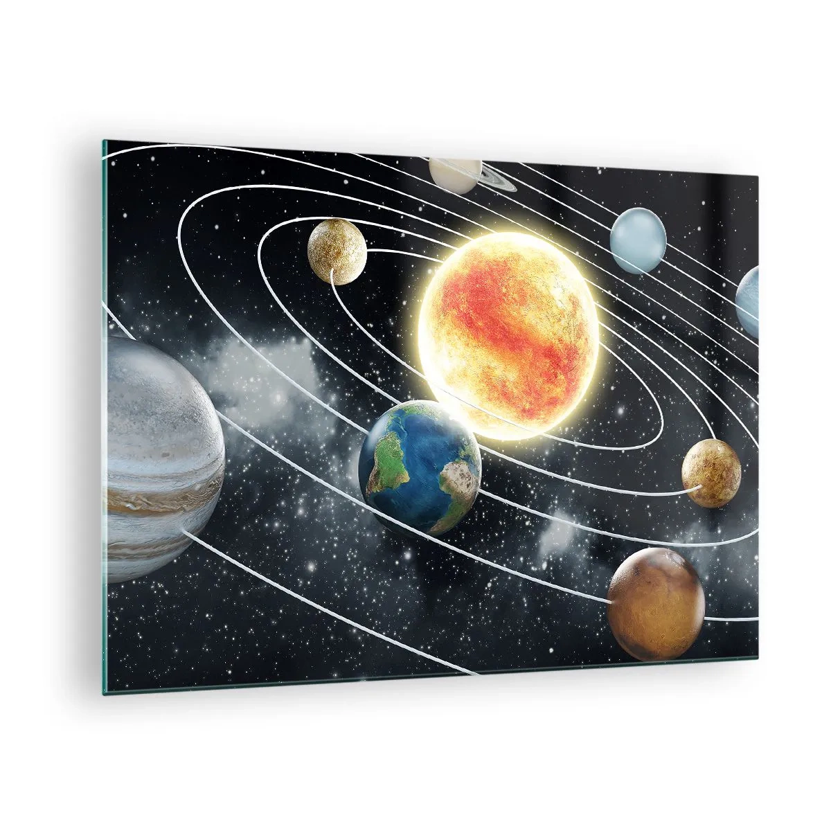 Glass picture - The solar system with planets and orbits against the backdrop of space - 70x50cm - Space Dance - Modern wall decoration for the living room and bedroom ARTTOR