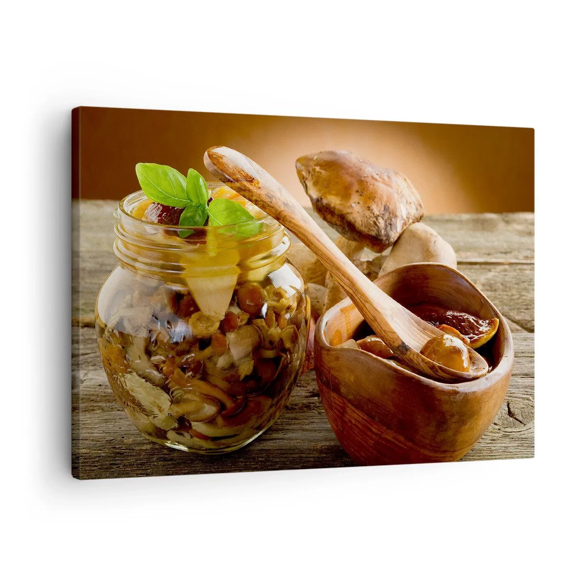 Canvas picture - Natural mushrooms in a jar on a rustic table - 70x50cm - Boletus Fresh or Salted: Flavour of Autumn - Modern wall decoration for the living room and bedroom ARTTOR