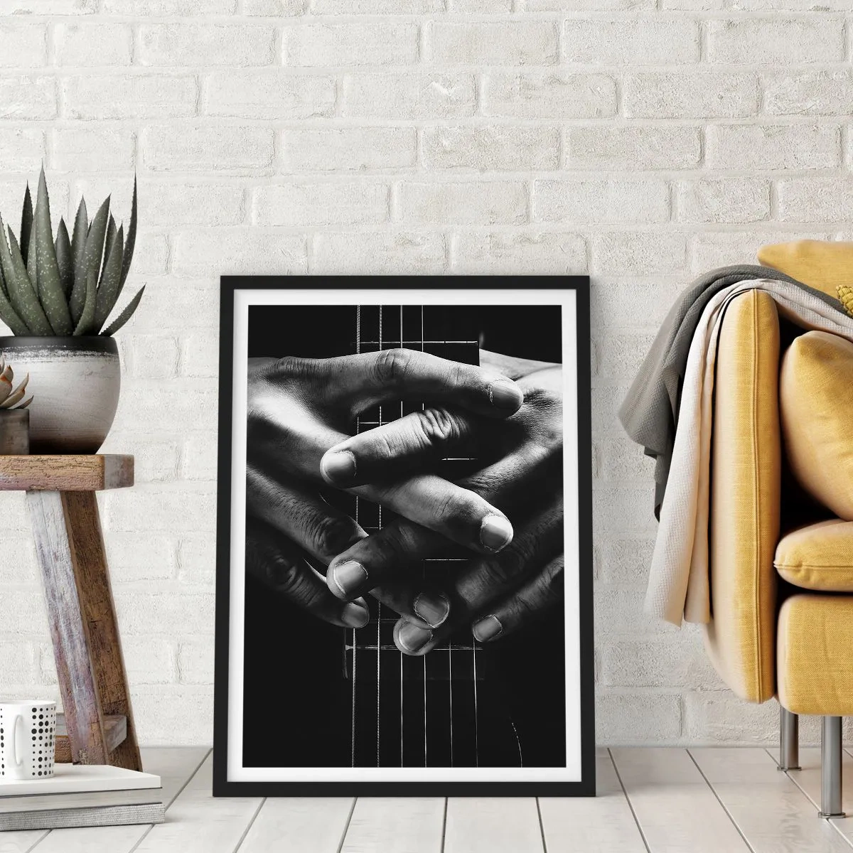 Poster in black frame - Hands clasped on the strings of a guitar in black and white - 50x70cm - Artist's Prayer - Modern wall decoration for the living room and bedroom ARTTOR