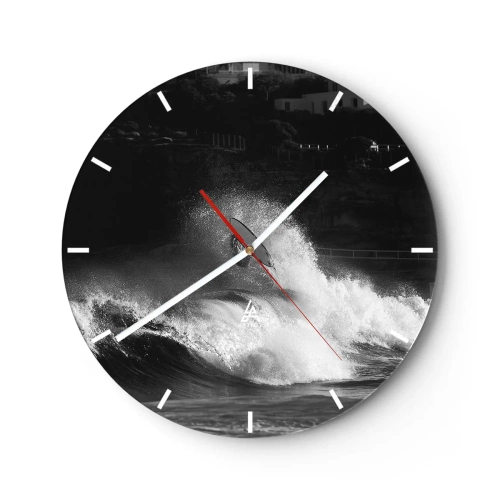 Wall clock - Clock on glass - A surfer on a wave in a black and white composition - 30x30cm - Challenge Accepted! - Modern wall decoration for the living room, kitchen, and bedroom ARTTOR