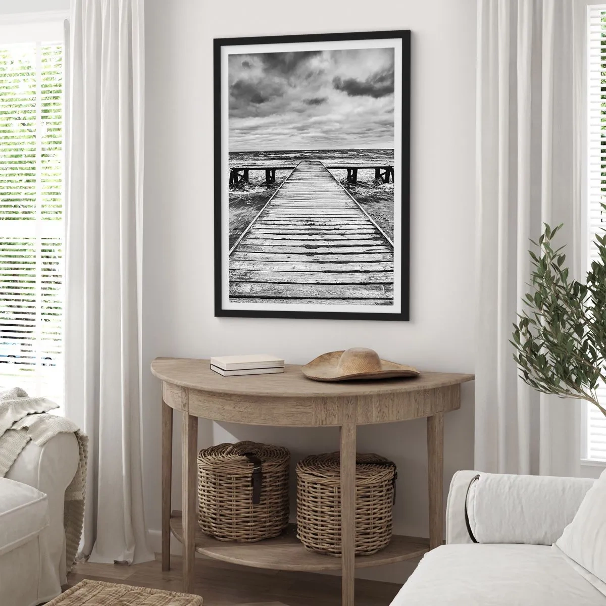 Poster in black frame - A black and white wooden pier over a stormy sea - 50x70cm - Waiting for the Wind to Blow away - Modern wall decoration for the living room and bedroom ARTTOR