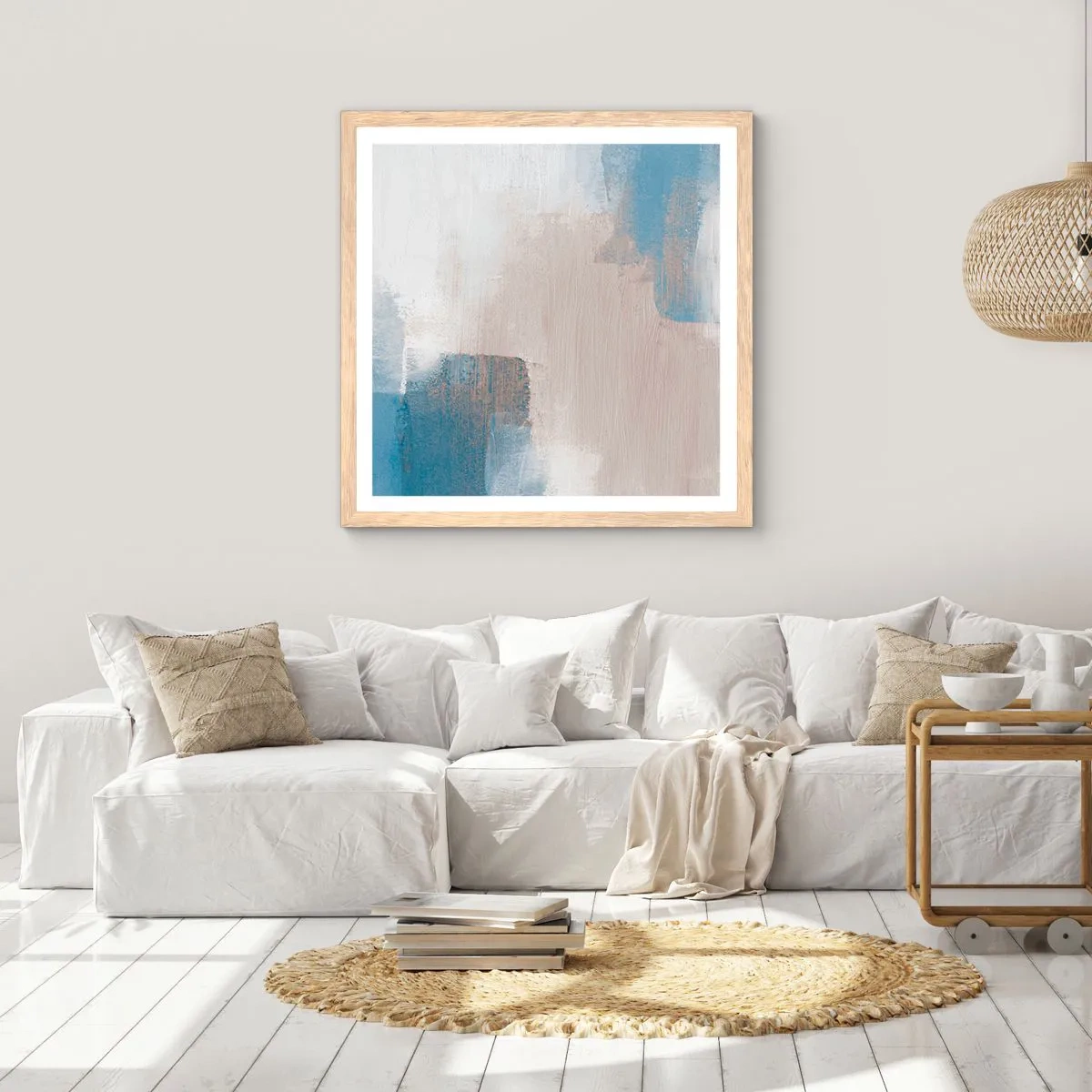 Poster in light oak frame - Pink Abstract with a Blue Curtain - 50x50 cm