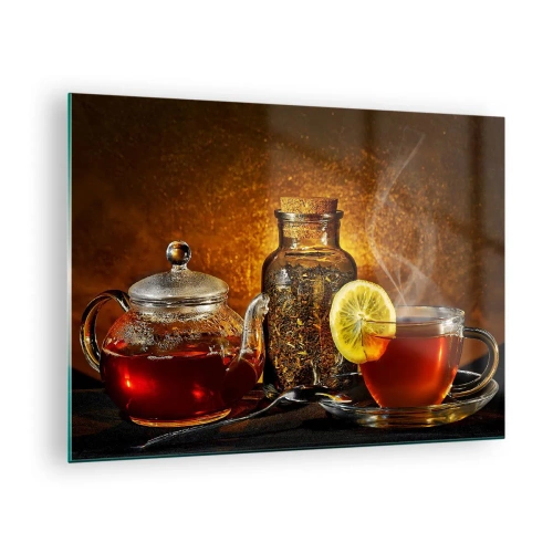 Glass picture - A glass teapot and a cup of tea with lemon - 70x50cm - Dutch Masters' Style - Modern wall decoration for the living room and bedroom ARTTOR