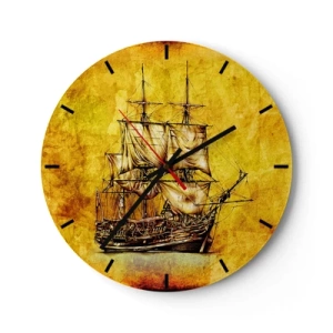 Wall clock - Clock on glass - A cartoon motif of a sailing ship on a background in shades of gold - 30x30cm - Direction Tortuga! - Modern wall decoration for the living room, kitchen, and bedroom ARTTOR