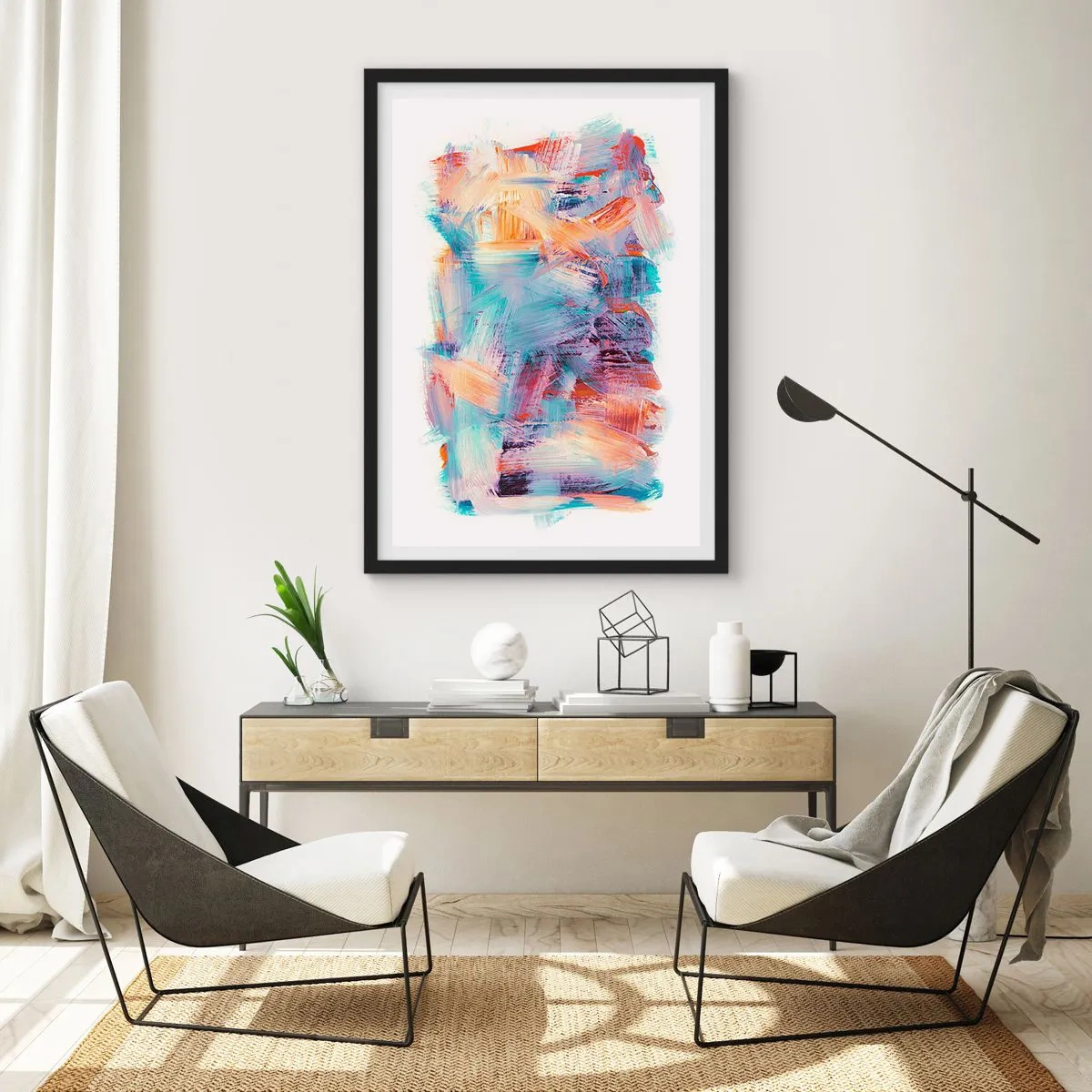 Poster in black frame - Expressive abstraction in shades of orange and blue - 50x70cm - Colourful Mess - Modern wall decoration for the living room and bedroom ARTTOR