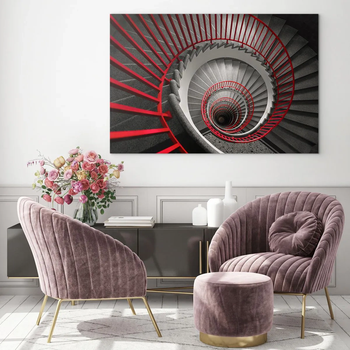 Glass picture - Spiral staircase with red handrails in perspective - 70x50cm - Games of Architecture - Modern wall decoration for the living room and bedroom ARTTOR