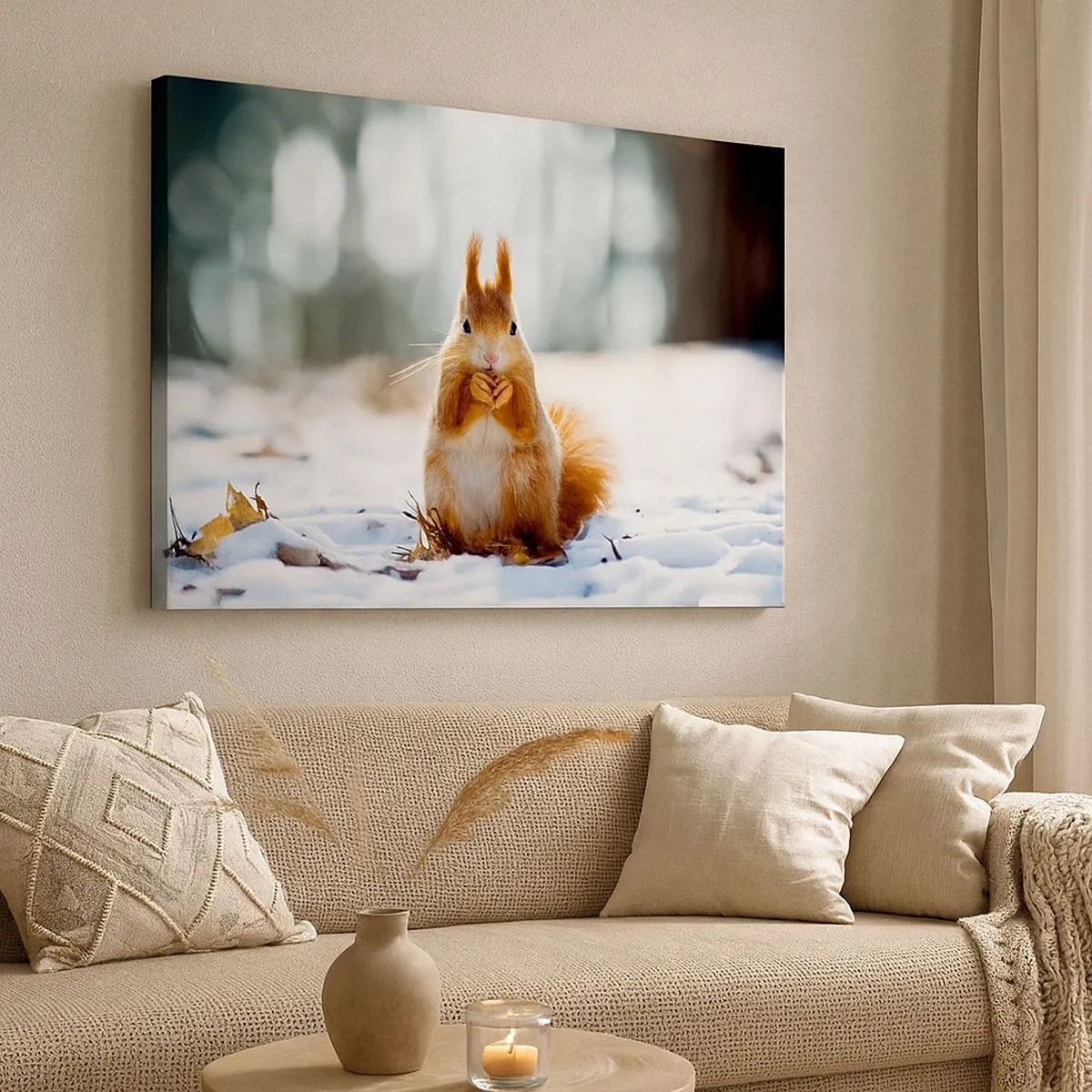 Canvas picture - A squirrel in a winter landscape - 70x50cm - What Are You Looking at? - Modern wall decoration for the living room and bedroom ARTTOR