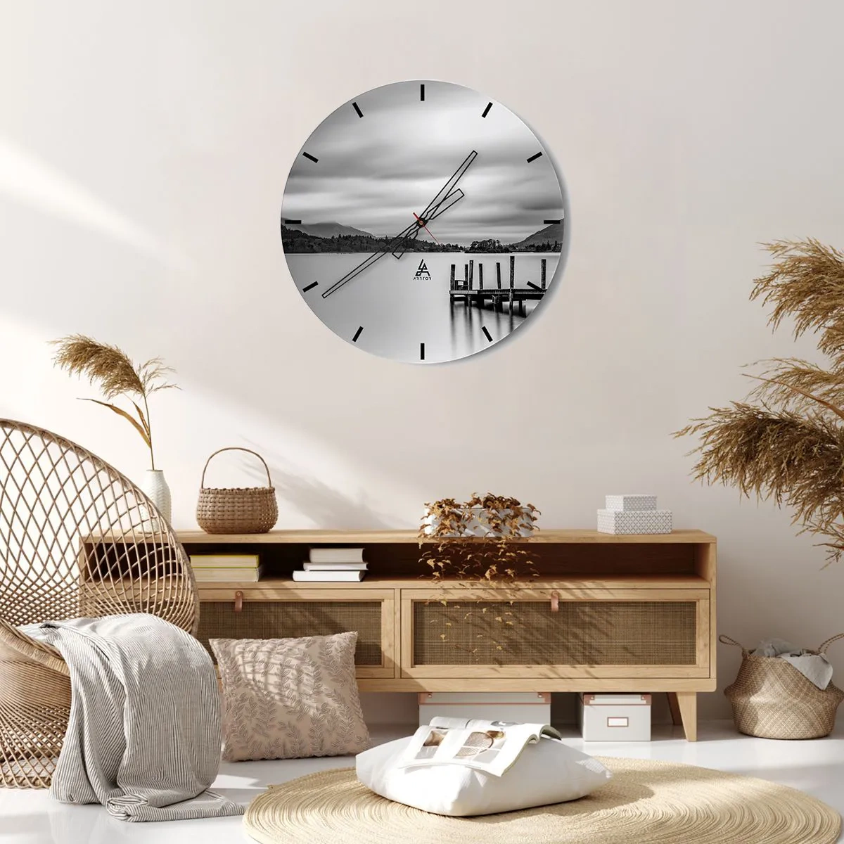 Wall clock - Clock on glass - Black and white landscape with a lake and a wooden pier - 30x30cm - Tranquility and Power - Modern wall decoration for the living room, kitchen, and bedroom ARTTOR