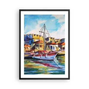 Poster in black frame - A colorful watercolor painting of a yacht in a seaside town - 50x70cm - Rainbow Afternoon - Modern wall decoration for the living room and bedroom ARTTOR
