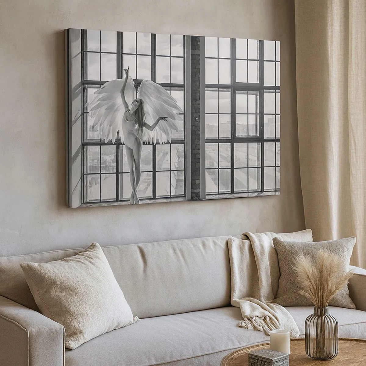 Canvas picture - A woman with angel wings against the background of a loft window - 70x50cm - City of Angels? - Modern wall decoration for the living room and bedroom ARTTOR