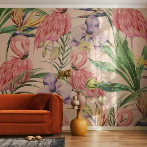 Photo Wallpaper Premium Sand - Pink Ballet among Flowers - Bird, Flamingo, Jungle - 200x140 cm
