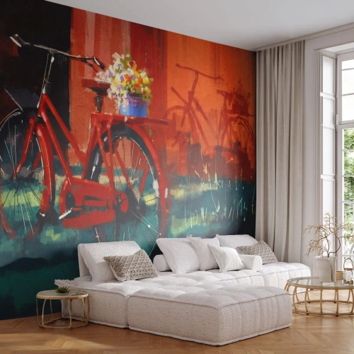 Photo Wallpaper Standard Eco - I Want to Ride My Bicycle - Vintage bike, Flowers in apot, Trip - 450x315 cm
