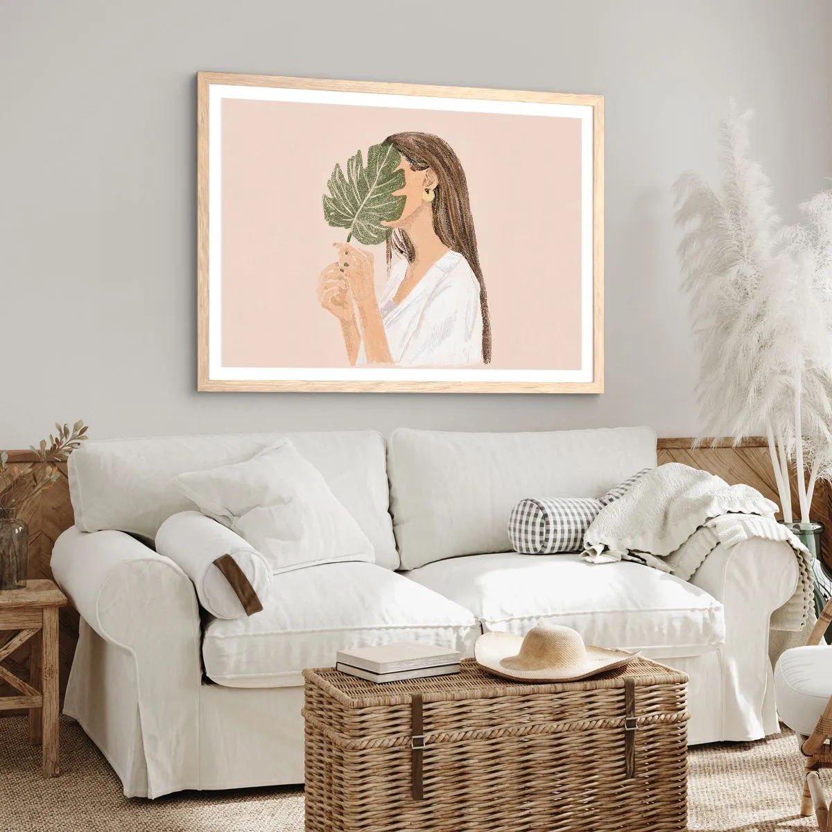 Poster in light oak frame - Mysterious Portrait with a Fan - 70x50 cm