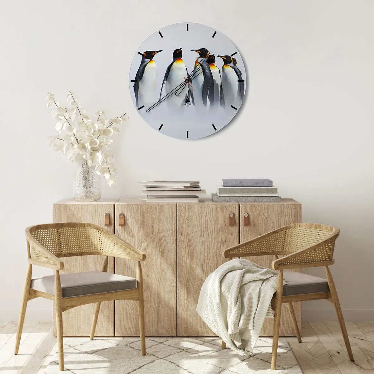 Wall clock - Clock on glass - A group of penguins against the fog - 30x30cm - Meeting in Tuxedos - Modern wall decoration for the living room, kitchen, and bedroom ARTTOR