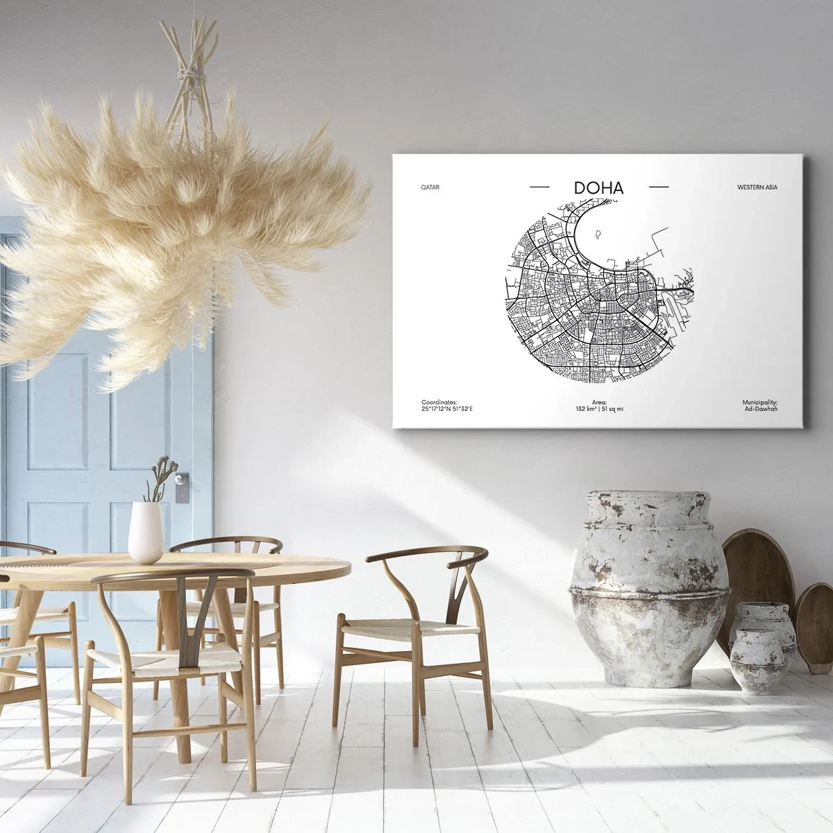 Canvas picture - minimalist map of Doha in black and white with precise details. - 70x50cm - Anatomy of Doha - Modern wall decoration for the living room and bedroom ARTTOR
