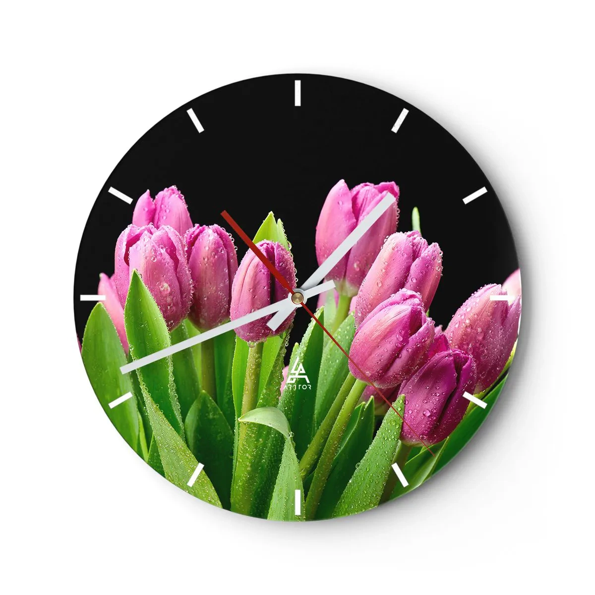 Wall clock - Clock on glass - A bouquet of pink tulips with dew drops on a dark background - 30x30cm - Lilac Joy of Spring - Modern wall decoration for the living room, kitchen, and bedroom ARTTOR