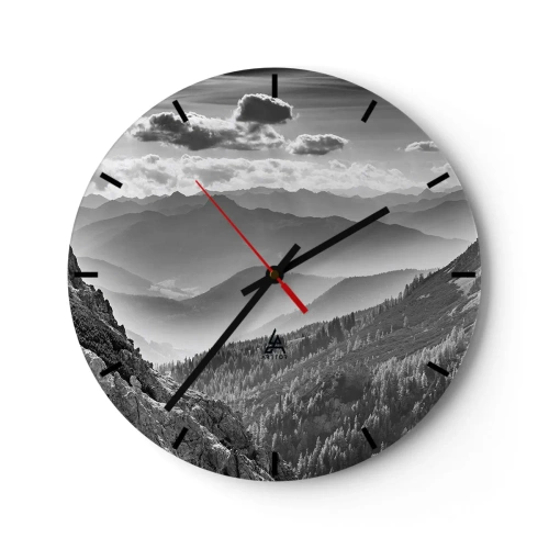 Wall clock - Clock on glass - Black and white mountain landscape with layers of fog and clouds - 30x30cm - All the Way to the Horizon - Modern wall decoration for the living room, kitchen, and bedroom ARTTOR