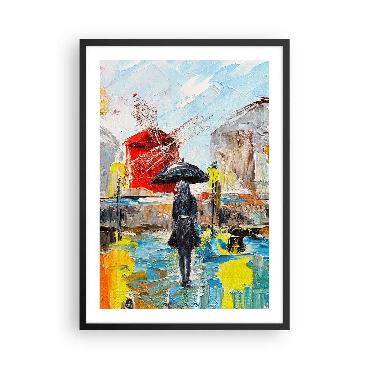 Poster in black frame - A woman with an umbrella against the backdrop of a city in the rain - 50x70cm - Parisian Legends - Modern wall decoration for the living room and bedroom ARTTOR