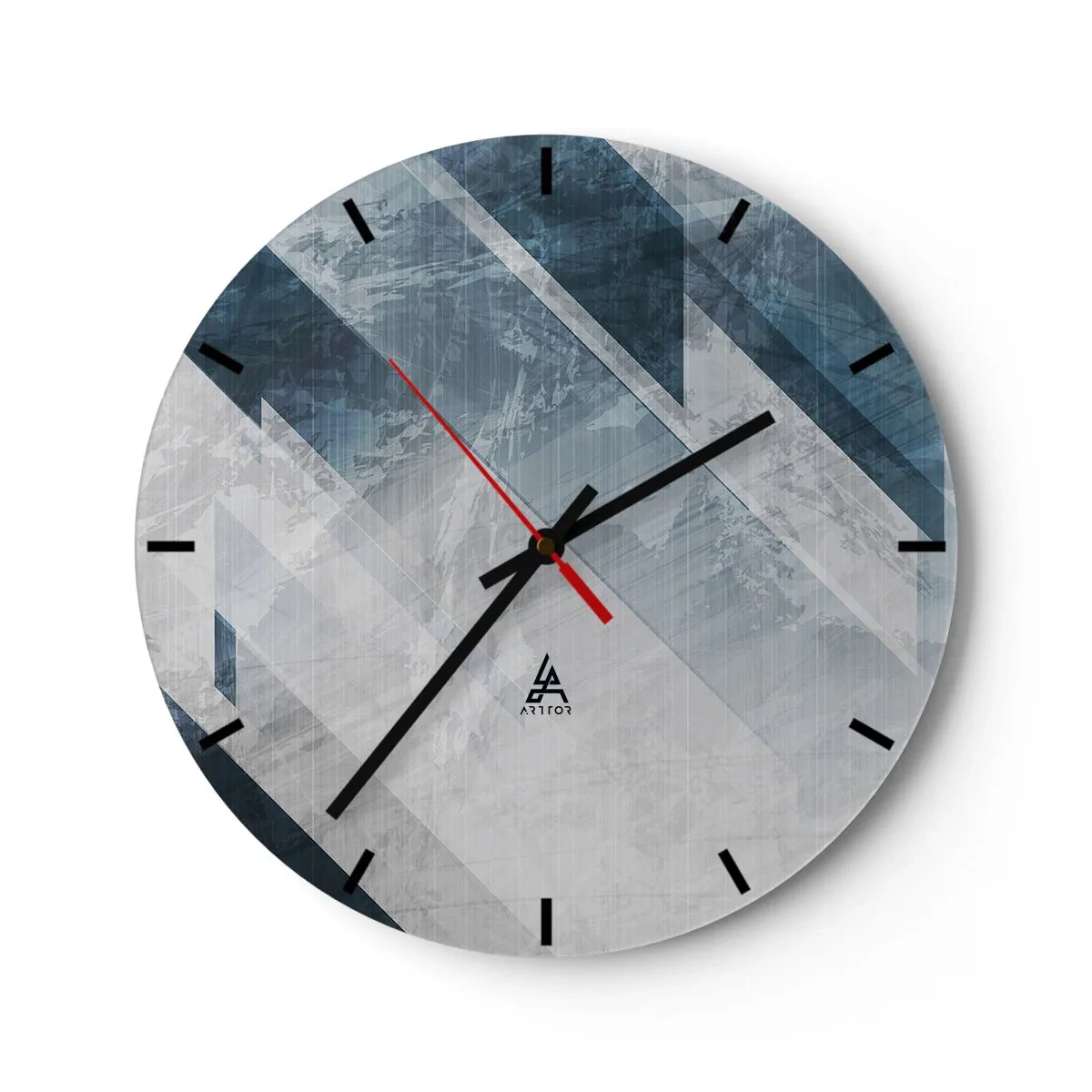 Wall clock - Clock on glass - Geometric stripes in shades of gray and navy blue create depth - 30x30cm - Spacial Composition - Movement of Greys - Modern wall decoration for the living room, kitchen, and bedroom ARTTOR