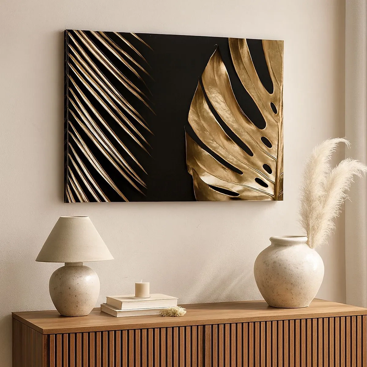 Canvas picture - Golden leaves on a black background - 70x50cm - Different but Equally Exepnsive - Modern wall decoration for the living room and bedroom ARTTOR