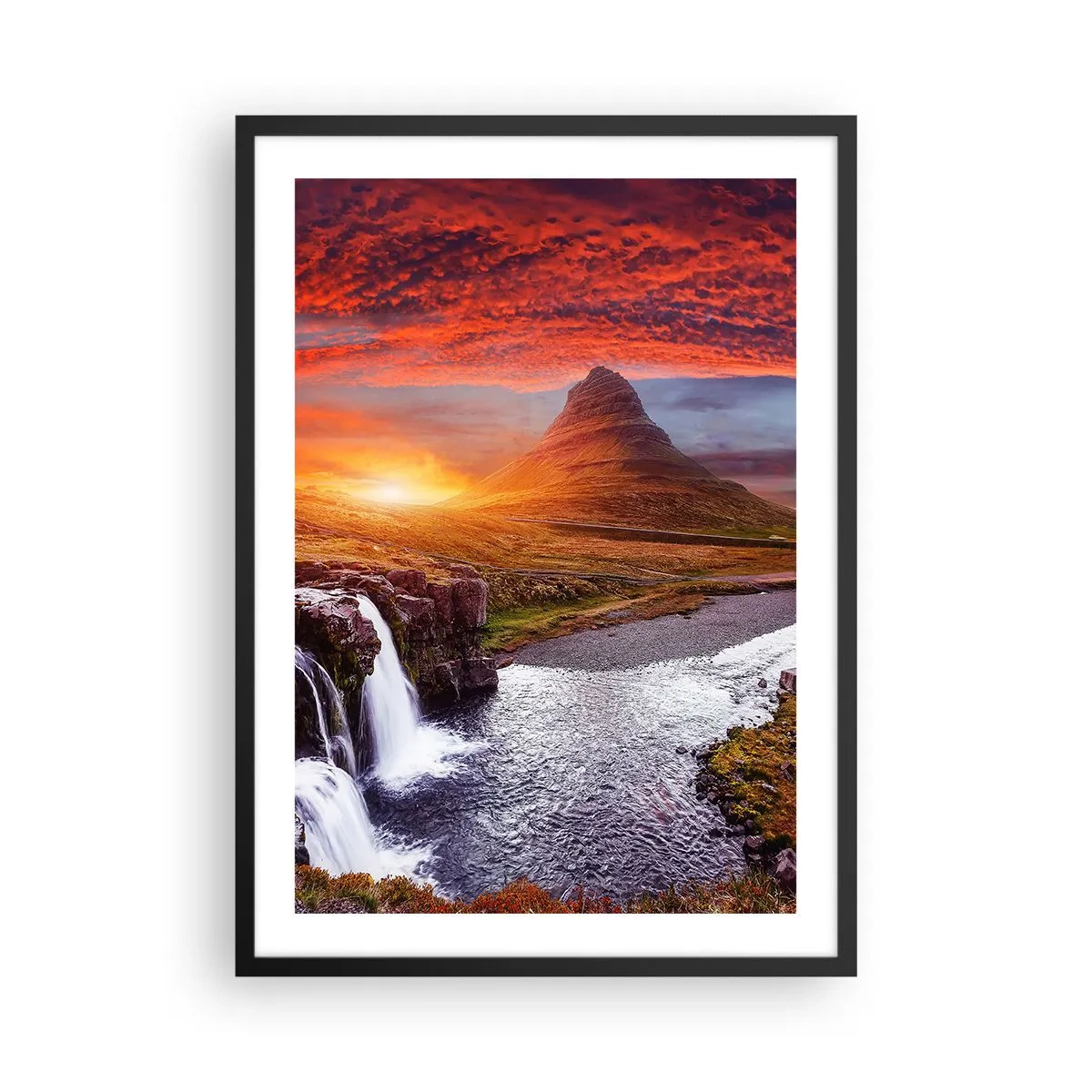 Poster in black frame - The mountain and waterfall illuminated by the rays of the setting sun - 50x70cm - View of Middle-Earth - Modern wall decoration for the living room and bedroom ARTTOR