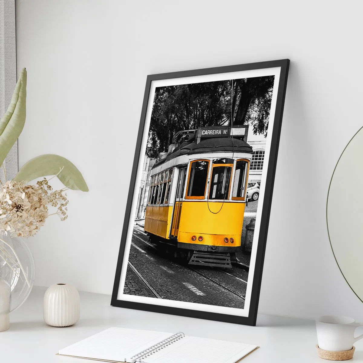 Poster in black frame - A yellow tram against a black and white urban backdrop - 50x70cm - With Fado in the Background - Modern wall decoration for the living room and bedroom ARTTOR