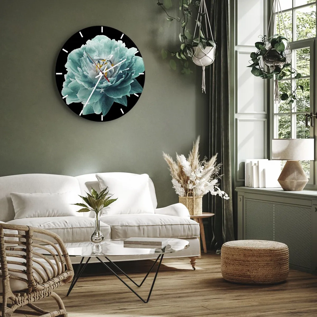 Wall clock - Clock on glass - Blue and Gold Petals - 30x30 cm
